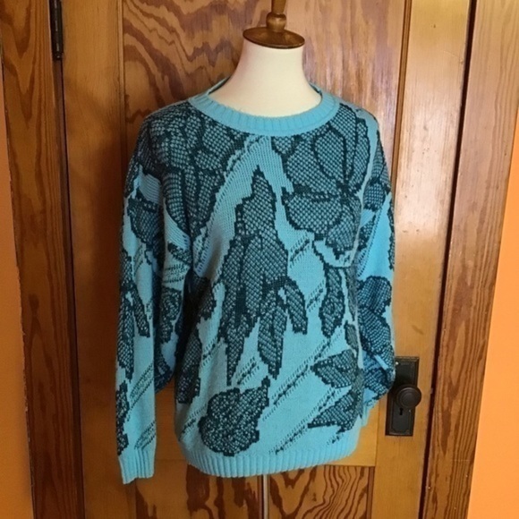 GUC✨ JESSICA SCOTT vintage women's large blue 90s flowers sweater - Picture 7 of 8